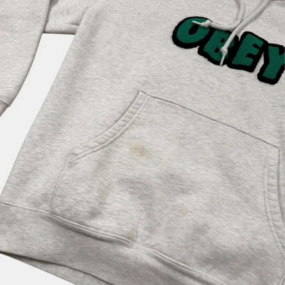 OBEY Worldwide Hoodie Mens Medium Heather Grey Green Chenille Patch Logo